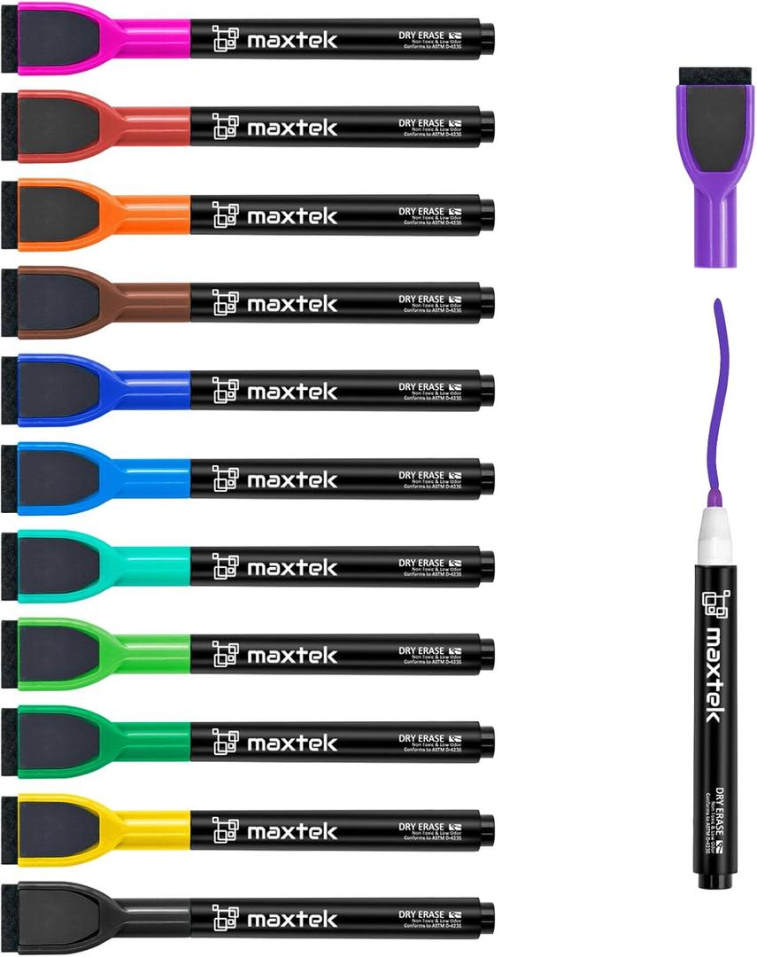 maxtek Magnetic Whiteboard Markers - 12 Count Colorful Fine Tip Dry Erase Markers with Eraser for Kids, Low Odor Thin Markers for Calendar Boards