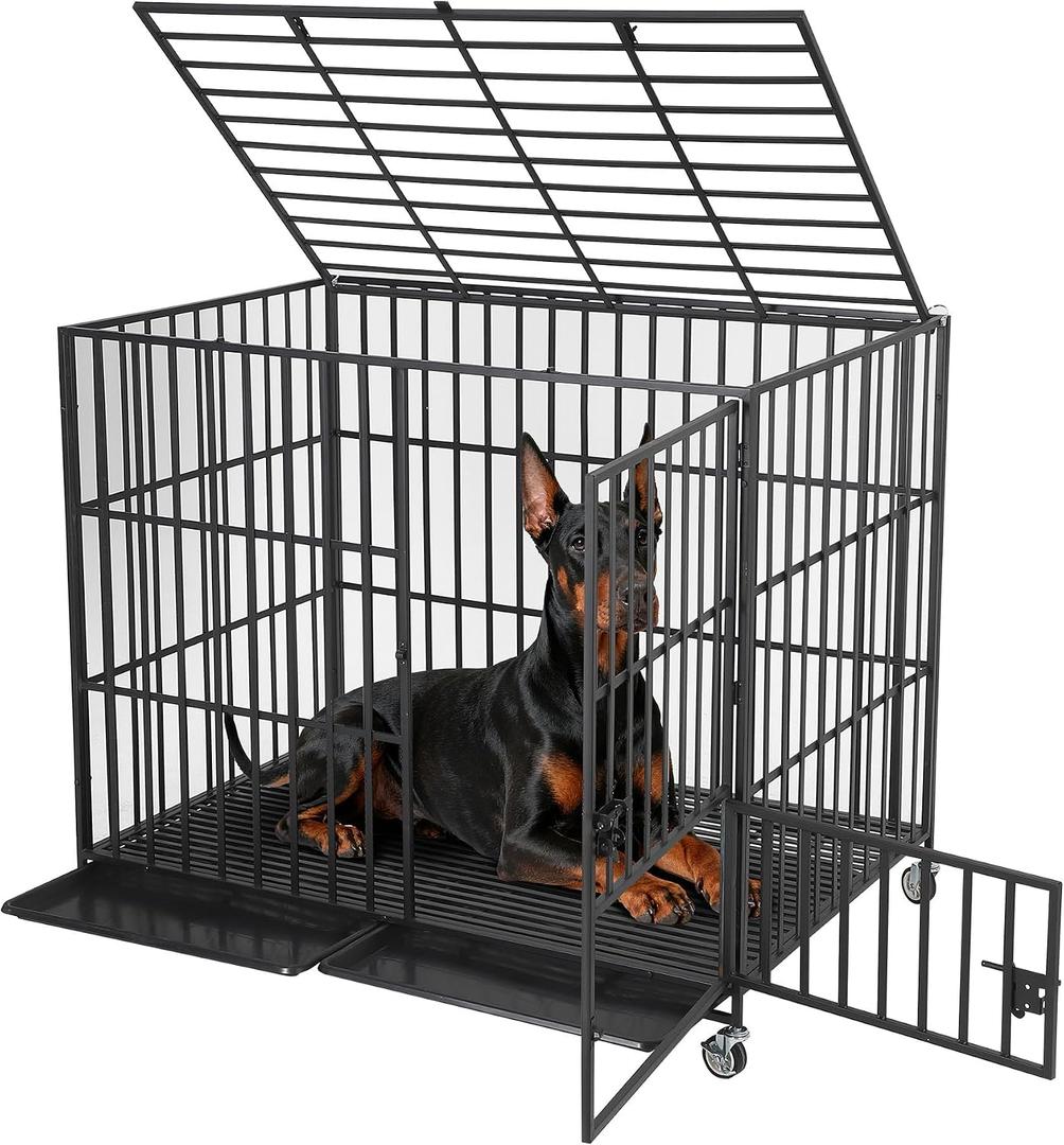 Escape-Proof Heavy Duty XXL Dog Crate – Indestructible Metal Kennel with 3 Doors, Removable Tray, Locking Wheels, Secure for Large/Medium Breeds, High Anxiety Pet Cage, 53.9" L x 35.8" W x 45.7" H