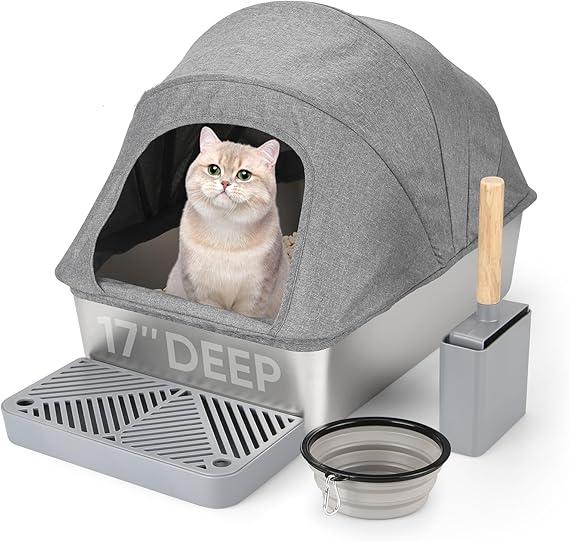 Stainless Steel Litter Box | (24" L x 16 W)Enclosed Cat Litter Boxes with Lid for Big Cats | High Sided, Anti-Urine Leakage | Non-Stick Bottom & Includes Litter Mat & Metal Scoop