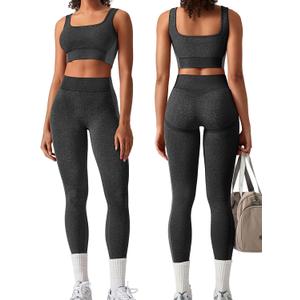 OLCHEE Womens Workout Sets 2 Piece Seamless Square Neck Sports Bra Padded Butt Lifting Leggings High Waist Yoga Gym Outfits (X-Large, Black)