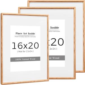 16x20 Oak Wood Picture Frame with Mat for 11x14, Solid Wood Frame with Tempered Glass - Wall Mount - Modern Design for Home & Office Decoration (Set of 3)