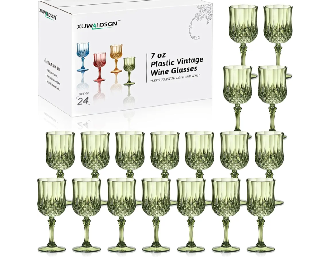 XUWAIDSGN 24 Pcs 7oz Plastic Vintage Wine Glasses Drinking Glasses Unbreakable Wedding Glassware Crystal Water Goblets Reusable Drinkware Vintage Champagne Flutes (24, Dark Green)