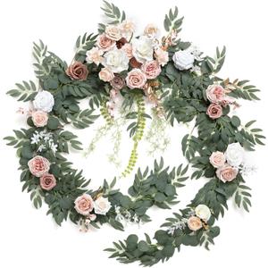 Ling's moment 9FT Spring Flower Garland for Backdrop Decorations - Wedding Arch Flowers, Eucalyptus & Rose, Artificial Floral Garland for Mantle - Sweetheart Table Decor for Reception, Dusty Rose