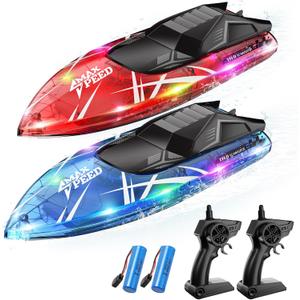 Remote Control Boat for Kids, 2Pack RC Boats with LED Lights for Pools Lakes River & Bathtub, 2.4Ghz Control, Whole Body Waterproof, 2 Rechargeable Batteries Summer Water Toys (Blue&red)