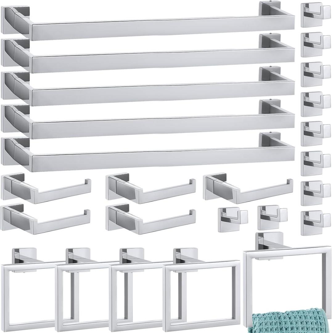 Gisafai 25 Pcs Bathroom Hardware Accessories Set 23.6 Inch Bath Towel Bar Kit Stainless Steel Bathroom Hardware Set Towel Racks Ring Hooks Paper Holder for Wall Mounted (Silver)