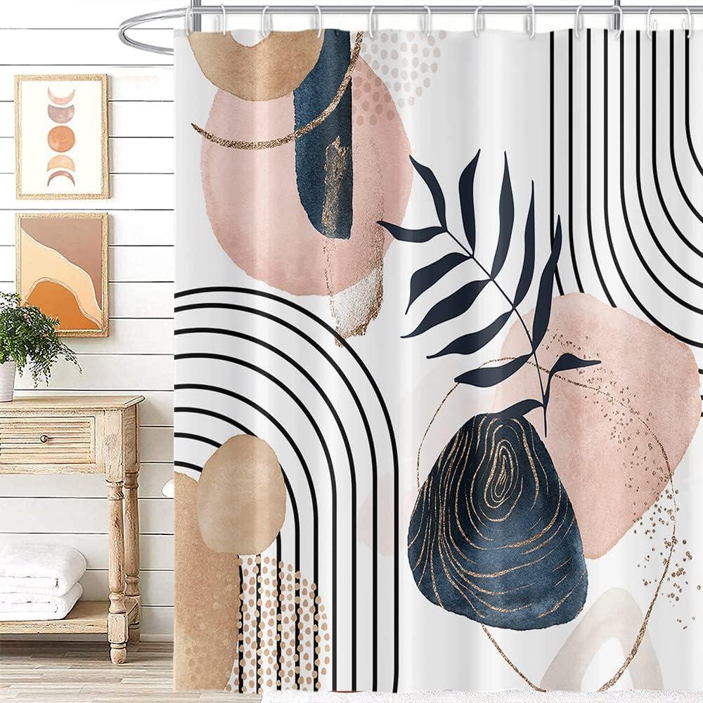 Abstract Mid Century Shower Curtain Boho Eucalyptus Leaves Botanical Black Geometric Lines Pattern for Minimalist Bathroom Decor Accessories Shower Curtain Set with 12 Hooks, 72x72 Inches
