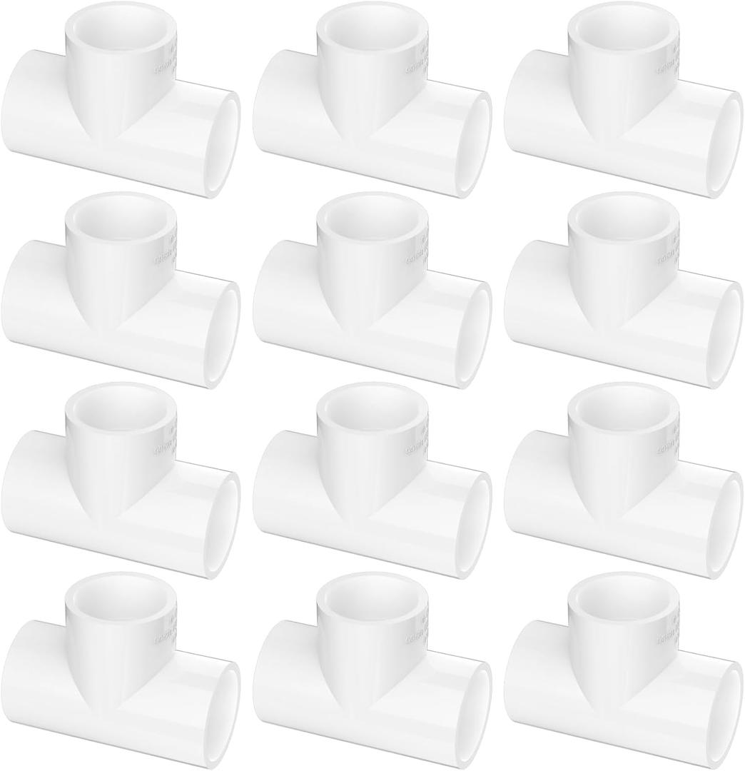 12-Pack 1 Inch PVC Tee Pipe Fittings, 3 Way Socket x Socket, Schedule 40 PVC Pipe Connectors for Plumbing, Irrigation & DIY Projects