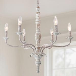 6-Lights French Country Chandelier Farmhouse Rustic Distressed Wood White Chandelier Vintage Modern Candle Style Wooden Chandeliers for Dining Room, Living Room, Kitchen Island, Bedroom, E12