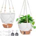 10 Inch Hanging Planters for Indoor Plants, 2 Pack Self Watering Hanging Baskets Flower Pots with Drainage Hole, Visual Reservoir & 2 Kinds of Plant Hanger for Outdoor Garden Home Decor (White)
