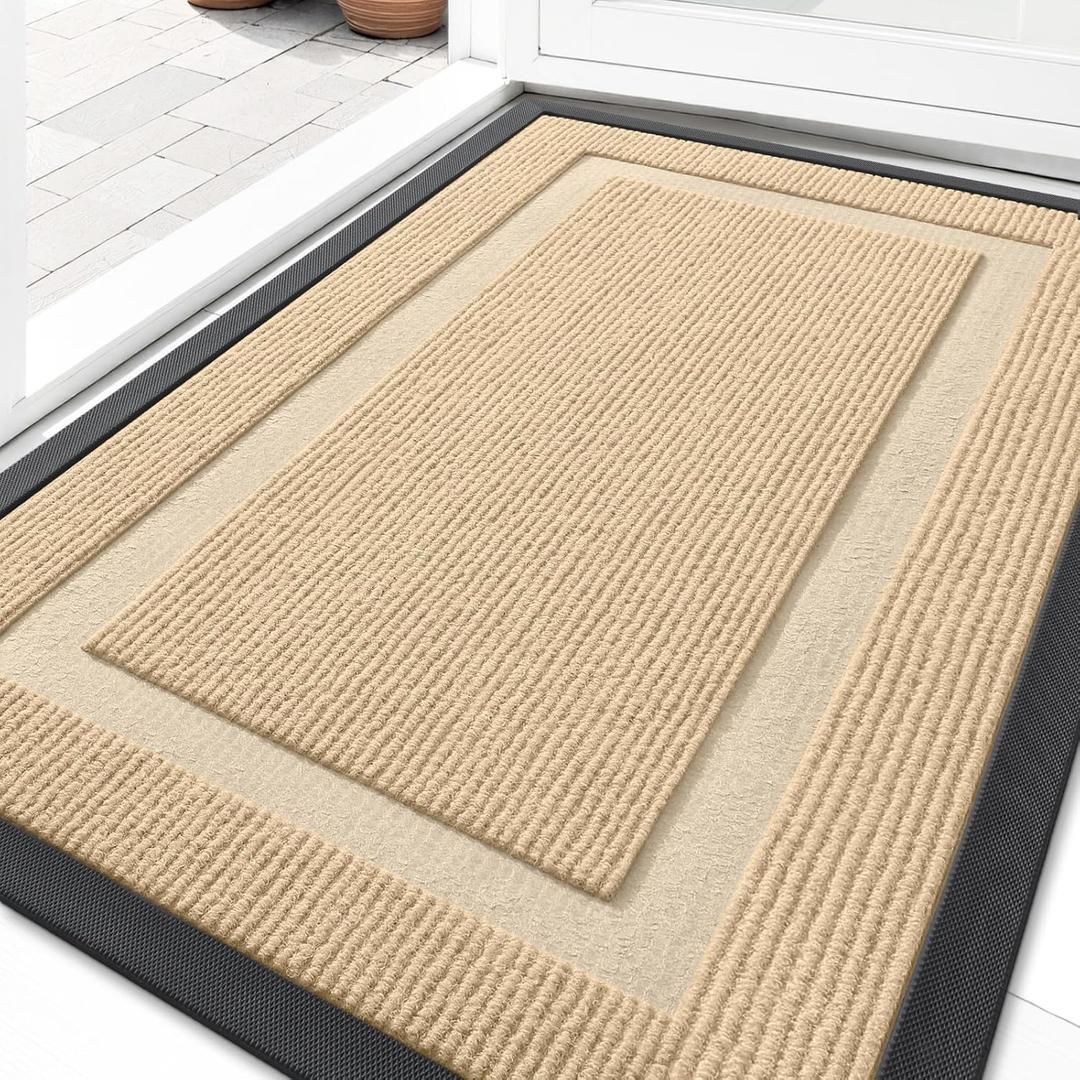 OLANLY Front Door Mat Indoor Outdoor Entrance, Waterproof All-Season, All-Weather Doormat, Sturdy Natural Rubber, Fade Resistant, Low Profile, Easy Clean Patio Porch Entryway Mat, 30x17, Beige