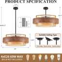 24" Farmhouse Rattan Chandelier, 4-Lights Large Boho Wood Texture Chandelier, Adjustable Rustic Hanging Light Fixtures for Dining Room Kitchen Island Living Room Bedroom Hallway