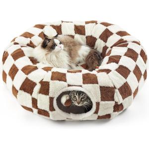 Lesure Cat Tunnel Bed for Indoor Cats - Cute Cat Donut Tunnel Toys with Washable Circle Cushion, Round Pet Peekaboo Cave Toy for Kitten/Puppy/Rabbit, Standard Brown