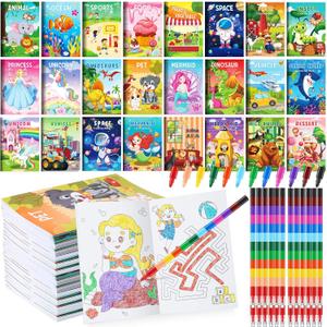 BenLouis Coloring Books for Kids With Stacking Crayons Set Mini Coloring Books Bulk for Ages 4-8-12 Small Activity Books for Birthday Party Gifts Goodie Bags Stuffers Travel24+24Pcs Assorted