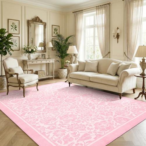 Garvee Pink Floral 4x6 Rug Washable Boho Rugs for Bedroom Non-Slip Vintage Flower Soft Low Pile Nursery Rugs for Living Room Kids Room Girls Room playroom Dining Room Dorm