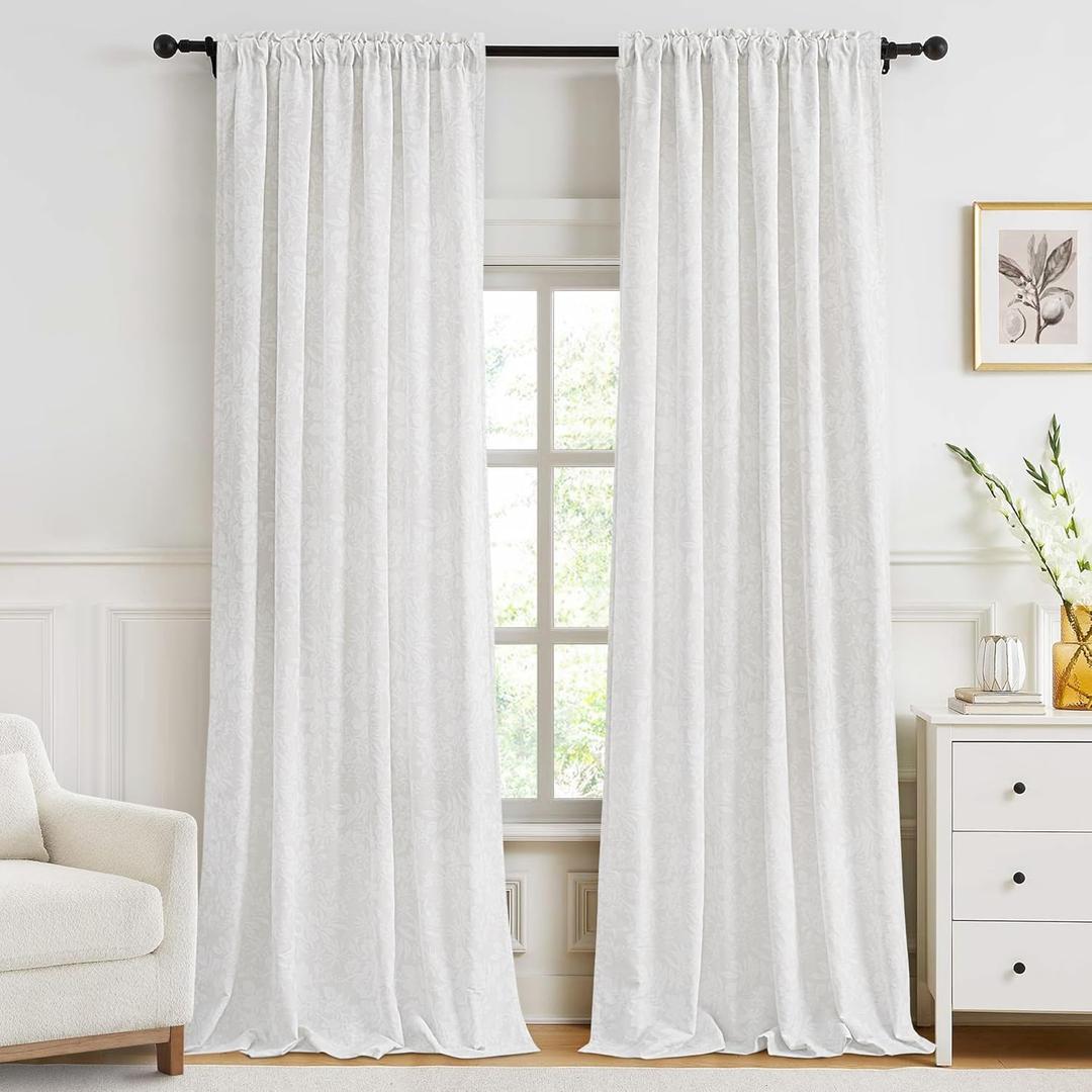 Cream Curtains 96 inch Length 2 Panel Set, White Floral Light Filtering Curtain Cotton Textured for Living Room Bedroom Soft Window Drapes with Rod Pocket Decorative Floor to Ceiling Curtains