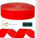 Threehoney 60 Yards Christmas Red Velvet Wired Ribbon with Gold Edge 2.5 Inch Large Ribbon Trim Tools for DIY Crafts Garland Wreath Tree Topper Floral Bouquets Gift Wrapping for Holiday Decoration