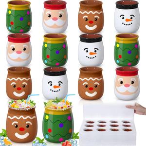 Gejoy 12 Pcs 3 Oz Christmas Cantaritos De Barro Mini Terracotta Clay Mugs Santa Claus Gingerbread Man Snowman Mexicanos Taco Cocktail Glasses for Tequila, Margaritas, Mojitos