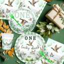 Mallard Duck 1st Birthday Decorations, One Lucky Duck Paper Plates 9'' and 7'', Napkins, Cups, 2Pcs Tablecloths, Banner, Cake Topper Duck Hunting Party Supplies Serves 24