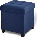 17.7" Ottoman with Storage, Square Storage Ottoman for Dorm, Linen Ottomans with Legs for Living Room, Bedroom, Blue