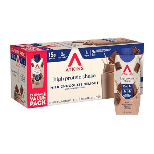 Atkins Milk Chocolate Delight High Protein Shake, 15g Protein, 2g Net Carb, 1g Sugar, Keto Friendly, Chocolate Flavored Protein Shakes, 12 Count, EXP:12/07/2026