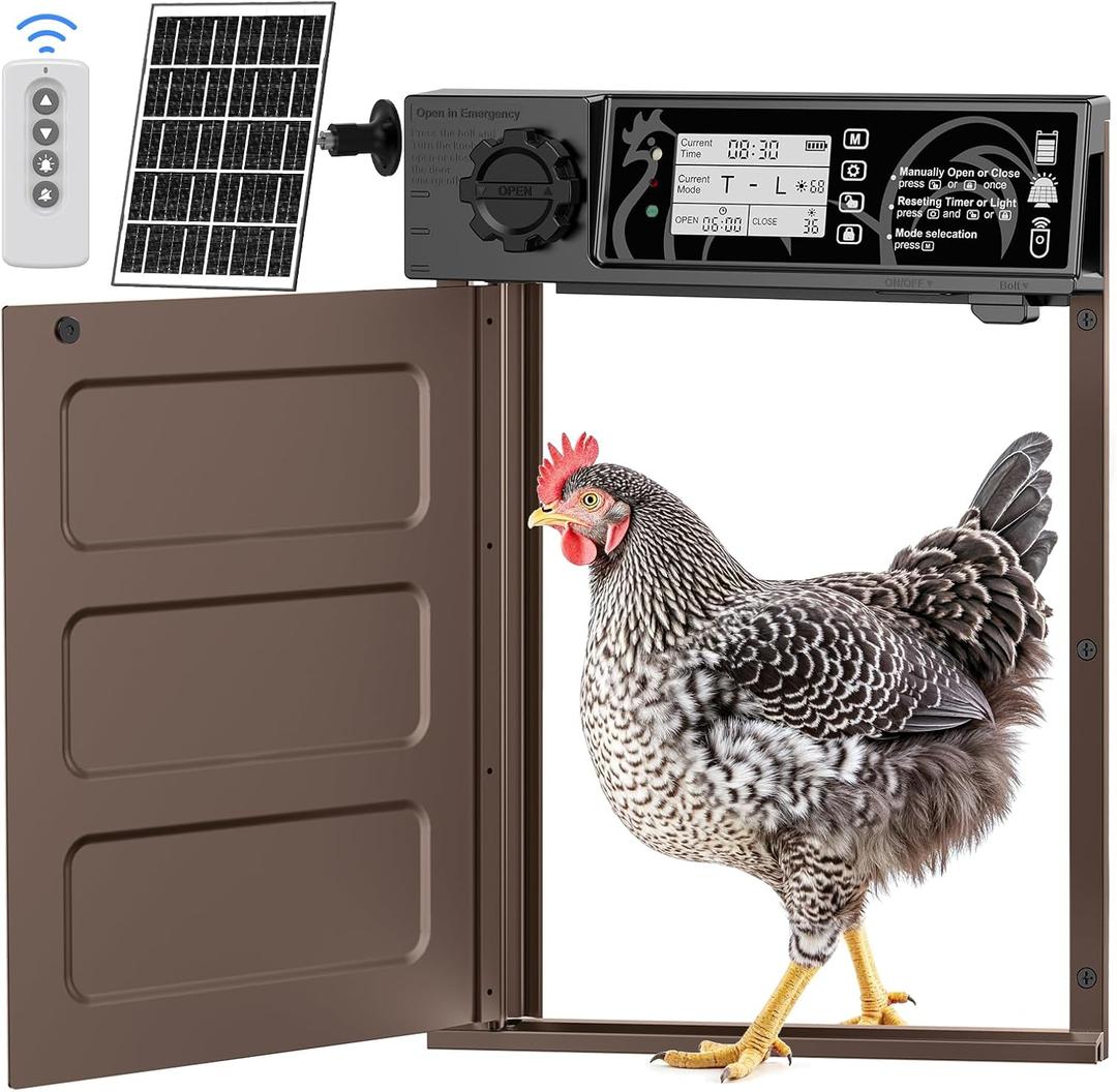 Large Size Automatic Chicken Coop Door Solar - Powered Auto Chicken Door Opener, Automatic Chicken Door with Timer/Light Sensor Modes, Intelligent Obstacle Sensors, Remote Control, 14.76"H x 11.02"L (Brown)