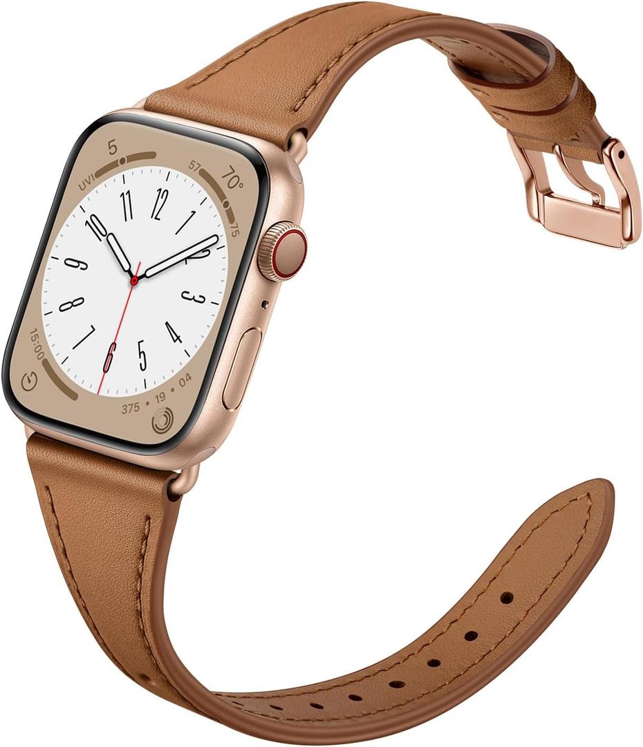 Slim Leather Bands Compatible with Apple Watch Band 42mm 41mm 40mm 38mm, Genuine Leather Replacement Strap for iWatch Series 10/9/8/7/6/5/4/3/2/1/SE Women, Brown/Rose Gold