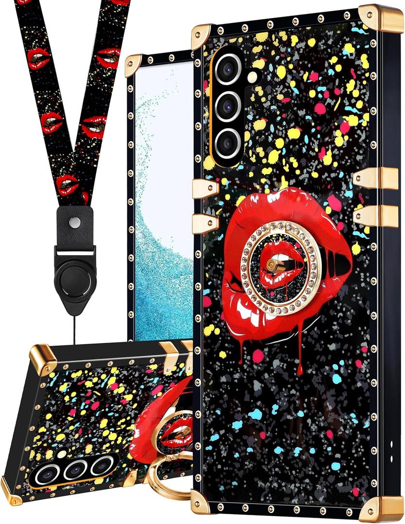 Loheckle for Samsung Galaxy S24 Plus Case for Women Girls Teens Designer Cute Cases with Ring Stand Holder and Lanyard Stylish Aesthetics Red Lips Luxury Cover for S24 Plus