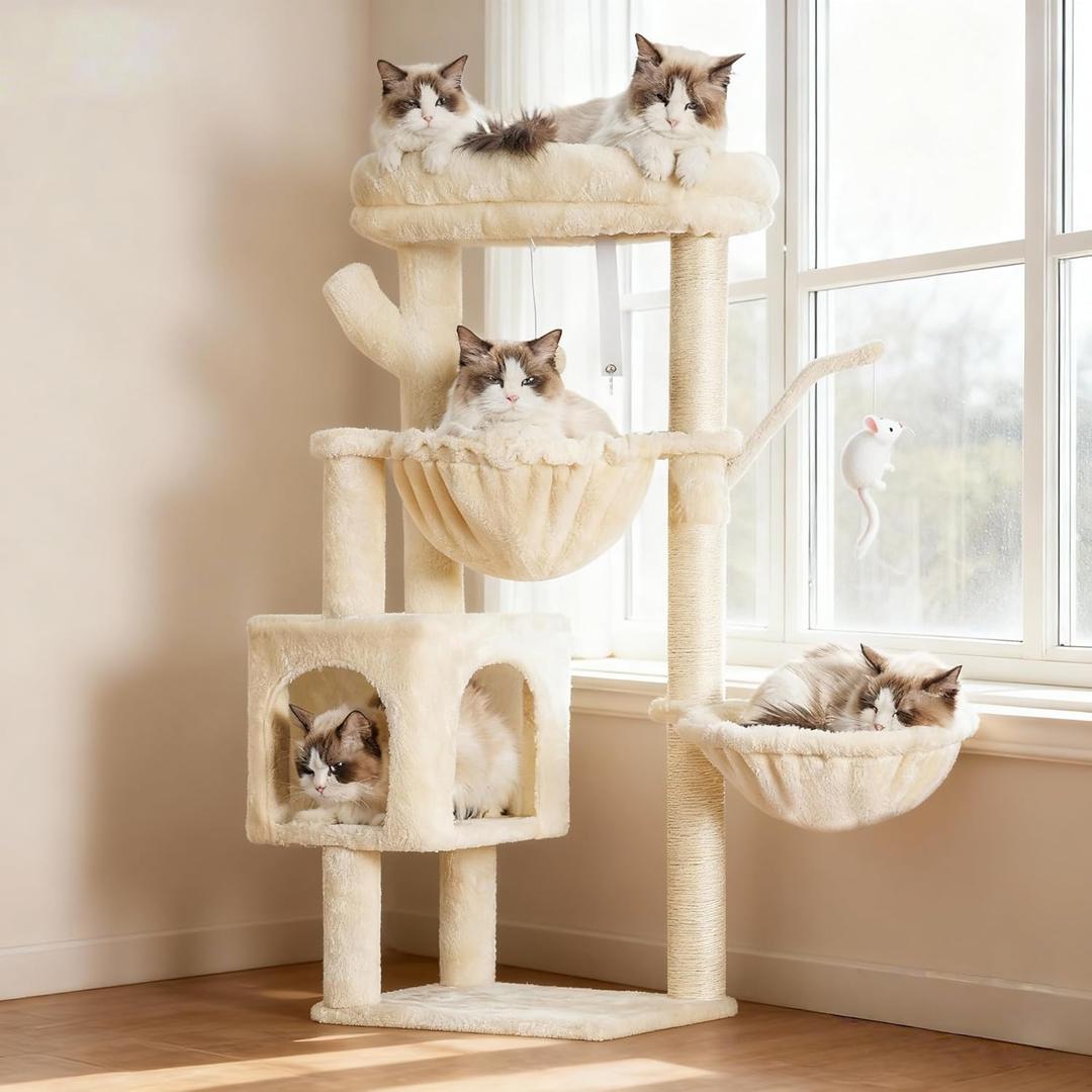 Heybly Cat Tree, 39.4 Inches Tower Condo with Scratching Post, Cat Tower for Indoor Cats, Fully Wrapped Sisal Pole, Soft Platform, 2 Baskets and Dangling Toy, Beige HCT006SM