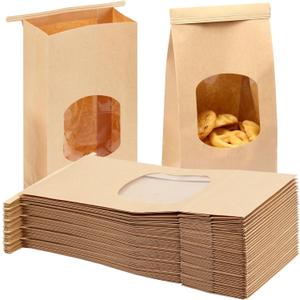 Moretoes 100pcs Medium Bakery Cookie Bags with Window, 4.5x2.36x9.6in Tin Tie Tab Kraft Paper Bags for Cookie Coffee Bread Bakery Packing