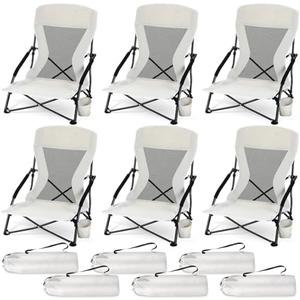 Menkxi 6 Pack Low Beach Chairs for Adult Portable Travel Compact High Back Sling Folding Beach Chair with Cup Holder Carry Bag for Lawn Sand Concerts Outdoor Camping BBQ Picnic Festival (Light Grey)