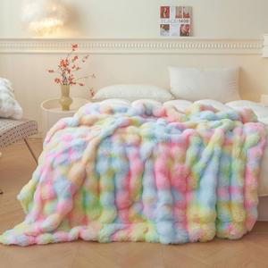 LIFEREVO Fluffy Faux Rabbit Fur Bubble Blanket, Tie Dye Plush Shaggy Throw Couch Sofa, Cozy Comfy Furry Big Bed Blanket Adults Kids Girls, Aesthetic Fuzzy Throw for Bedroom Living Room, 60x80, Rainbow