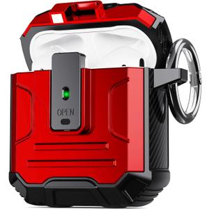 DASFOND Armor Cover AirPods 2nd & 1st Generation Case, Military Grade Full Body Shockproof Protection Hard Case, Support Wireless Charging with Keychain, Magnetic Lid, Front LED Visible, Red