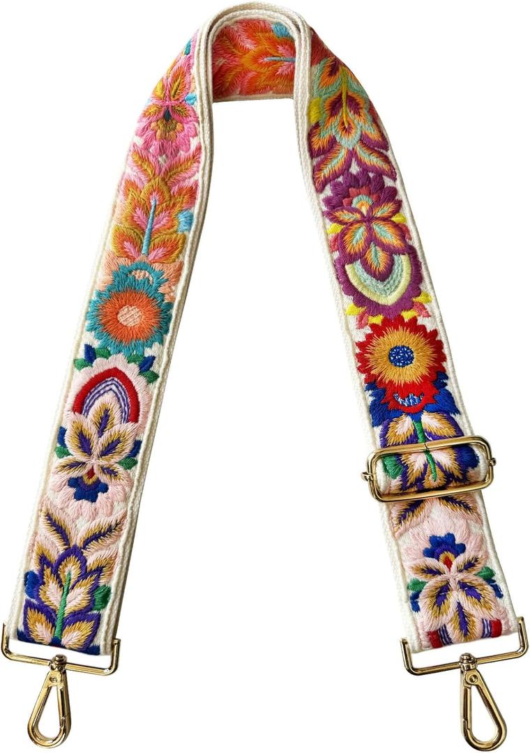 TCOMVEZ Embroidery Flower Purse Strap Replacement Crossbody for Handbags Women Guitar Strap 2 inch Wide Adjustable Bag Straps (Ivory)