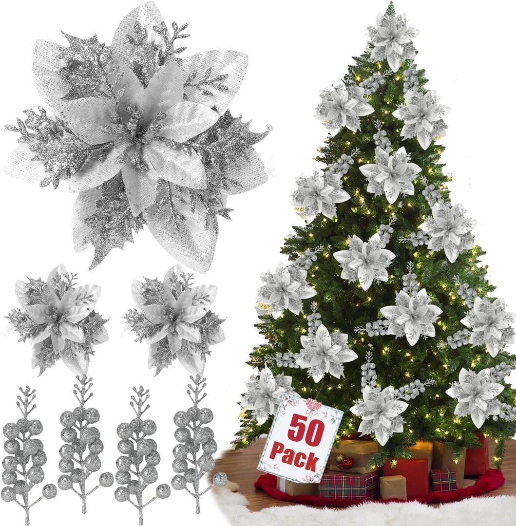 50pcs Glitter Poinsettia Christmas Ornaments, Artificial Flowers with Clips Stems for DIY Wreath Making, Holiday Home Party Decorations, Indoor Use (Sliver)