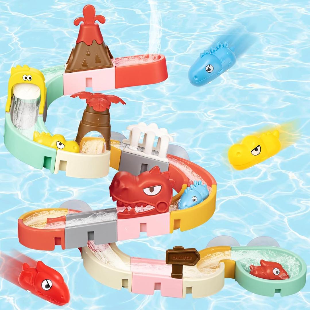 Dinosaur Slide Toys, Toddler Bath Toys for Kids Ages 4-8, DIY Building Kit for Ages 5-7, Bathtub Time Birthday Gifts for Toddler 3 + Year Old (36 PCS)