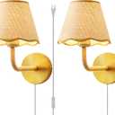 Set of Two Plug in Wall Sconce with 70.8inch Cord and Switch, Hand Woven Ratten Wall Sconces with Grass-Woven Lampshade for Bedroom Living Room Hallway Porch, E26 Base, 2 Pack Plug in