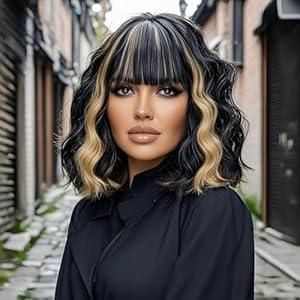 CROWN ARTISTRY Black Highlight Blonde Short Bob Wigs with Bangs for Women Loose Wavy Hair Wig Curly Wavy Bob Wig Shoulder Length Heat Resistant Synthetic Daily Wig, 14 Inch