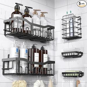 Shower Caddy 5 Pack, Adhesive Bathroom Shower Organizer for Bathroom Storage, No Drilling Large Capacity Rustproof Stainless Steel Shower Shelves Rack for Bath, Black