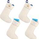 4 Pcs Coastal Christmas Stockings 18 Inch Beach Nautical Linen Socks with Starfish Christmas Large Ocean Stocking Bags Hanging Socks for Xmas Tree Fireplace Holiday Ocean Party Decor