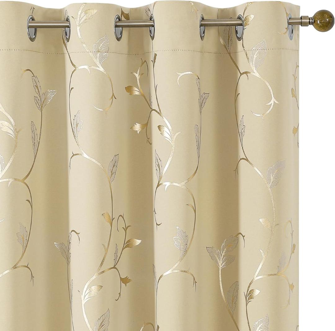 BUHUA Blackout Curtains Gold Foil Print Flower Vine Grommet Drapes, Room Darkening Thermal Insulated Curtains, Noise Reducing Blackout Curtain for Bedroom, Beige, 52Wx84L, 2 Panels (52"W x 84"L (Pack of 2), Gold/Beige)