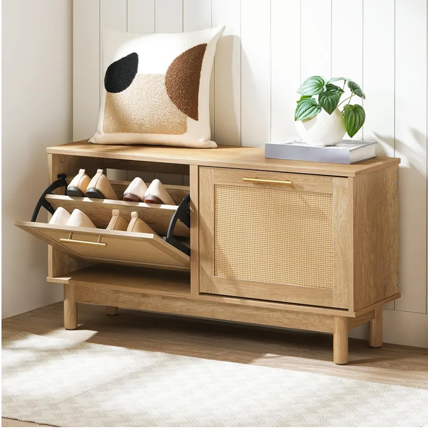 HOOBRO Shoe Storage Bench Entryway, Rattan-Like Shoe Bench with Flip Drawers, Narrow Shoe Rack Bench, Shoe Cabinet with Rattan Doors, Wooden Shoe Organizer for Entryway Hallway, Natural NL51HX01