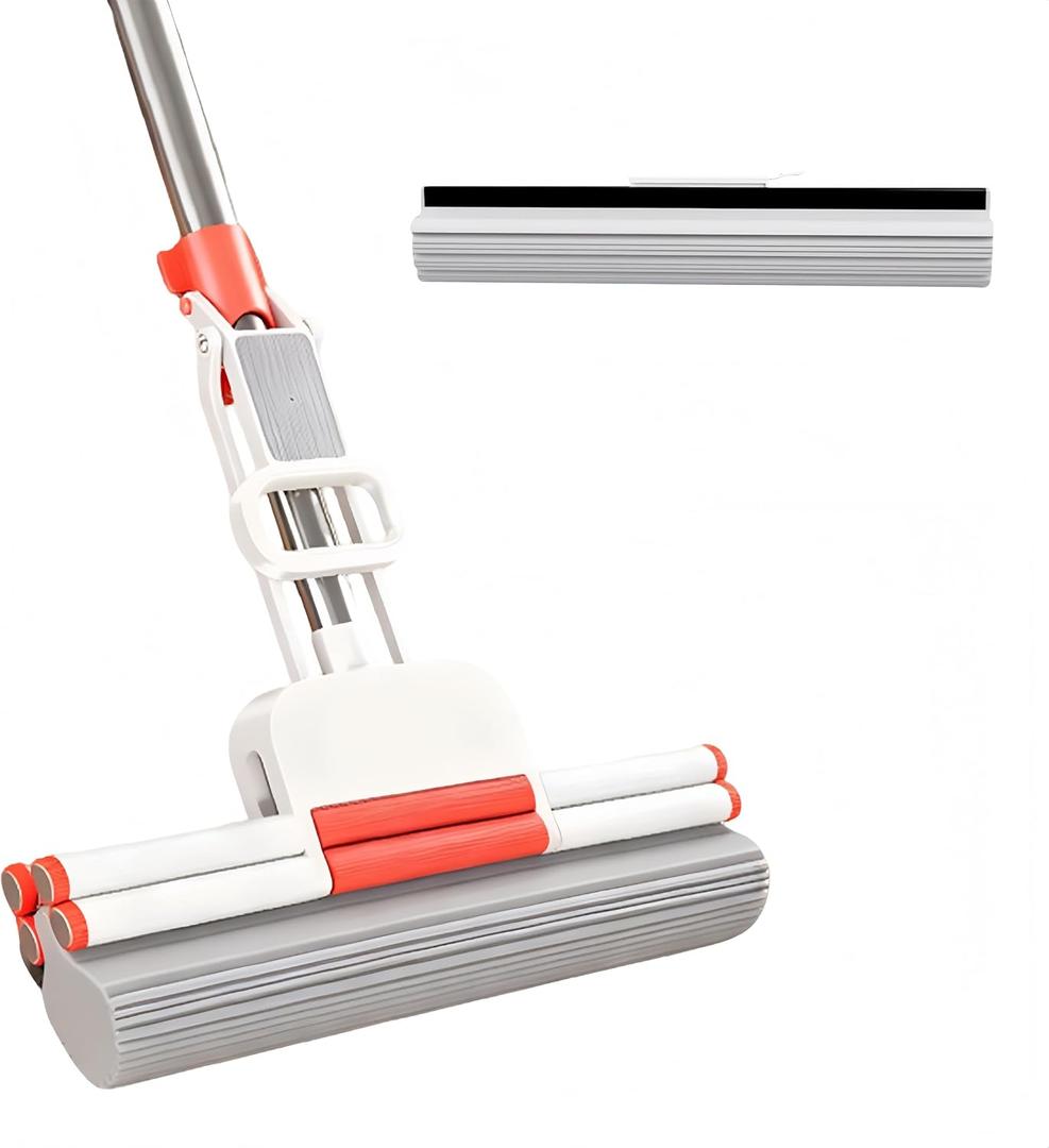 Sponge Mop PVA Mop Thickened Stainless Steel No-Swivel Design for Deep Cleaning Includes 1 Frame and 2 Extra Refill Heads Suitable for Tiles Floors Bathrooms and Home Use 13 Inch