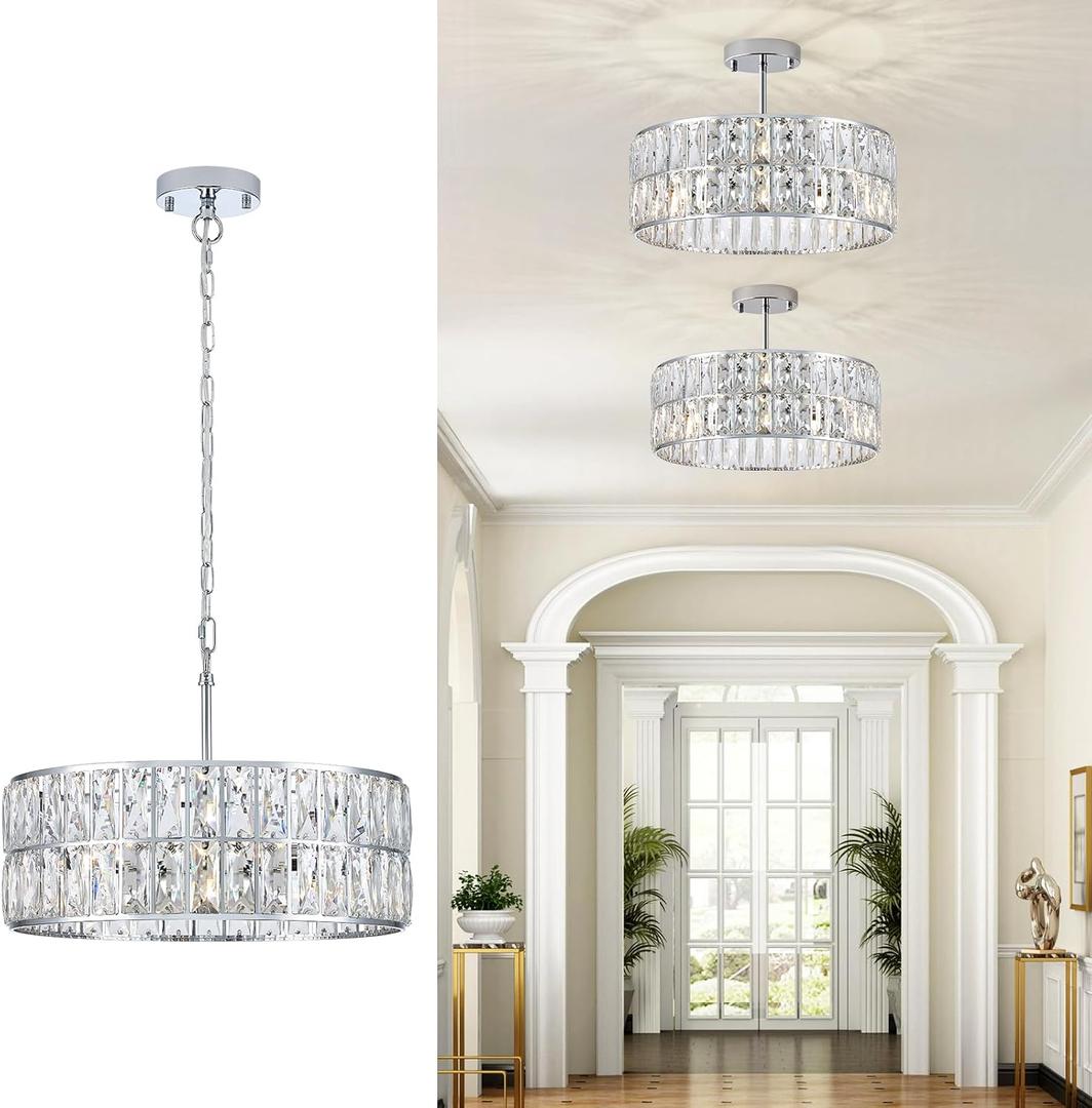 Modern Crystal Chandelier 18" Chrome Semi Flush Mount Ceiling Light Fixtures 6-Lights Drum Crystal Pendant Lighting for Dining Room Foyer Bedroom Living Room