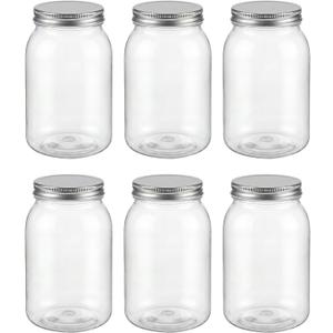 novelinks 32 oz Clear Plastic Jars with Lids, 6 Pack Large Plastic Mason Jars with Lids 32oz, Reusable Quart Containers for Kitchen Organization (6 Pack,Silver)