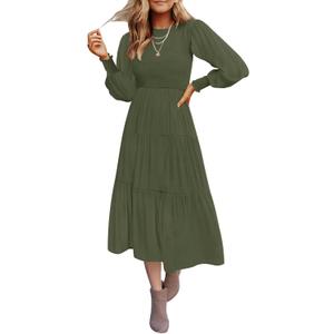 ZESICA Women's Casual Long Sleeve Crew Neck High Waist Smocked Flowy Tiered Midi Dress (X-Large, Armygreen)