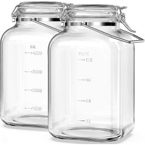 Folinstall 2 Pack 1.5 Gallon Glass Jar with Airtight Lid, 192 oz Square Wide Mouth Mason Jars with Stainless Steel Handle, Large Glass Storage Containers for Canning, Flour, Sugar, Rice, Pickled Eggs