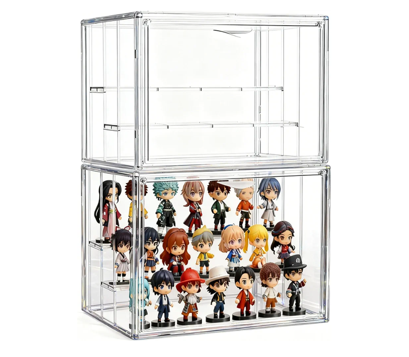 Attelite Acrylic Display Case for Collectibles, 3 Tier Figure Display Cases with 2 Movable Dividers, Clear Stackable Display Box Showcase with Magnetic Door for Action Figures
