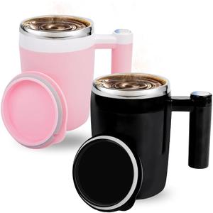 Self Stirring Coffee Mug 14oz - Rechargeable Magnetic Stirring Cup with Lid, Stainless Steel Auto Mixing Mug for Coffee, Tea & Hot Cocoa - Valentine's Day Gifts for Couples (Black&Pink 2-Pack)