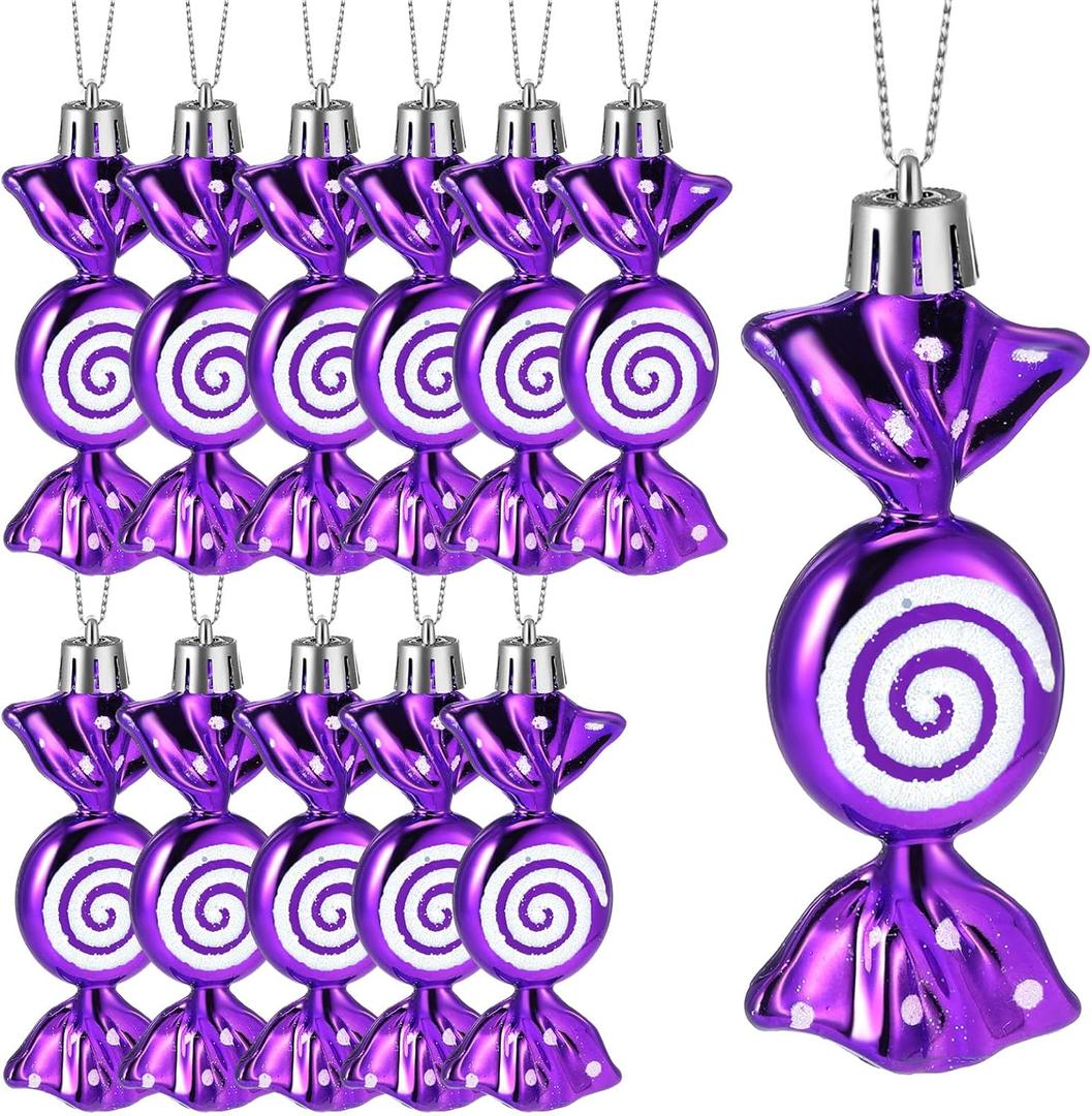 Threan 12 Pcs Christmas Candy Ornaments for Tree Decoration Hanging Glitter Candy Cane Christmas Peppermint Ornament with Golden Rope for Xmas Holiday Decoration(Purple,Plastic)