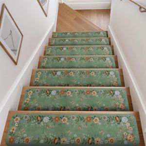 OJIA Floral Stair Treads Non-Slip Stair Runners for Wooden Steps Indoor 15PCS 30"x8" Stair Mats Staircase Step Treads for Kids, Elders and Dogs, Stair Covers, Green